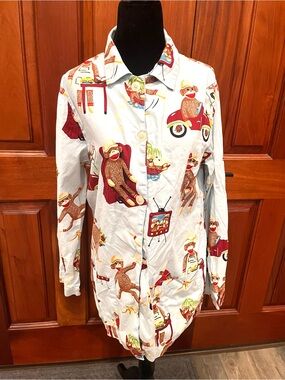 Nick Nora Sock Monkey Pajama Top Womens Size M Long Sleeve Button Up PJ Shirt